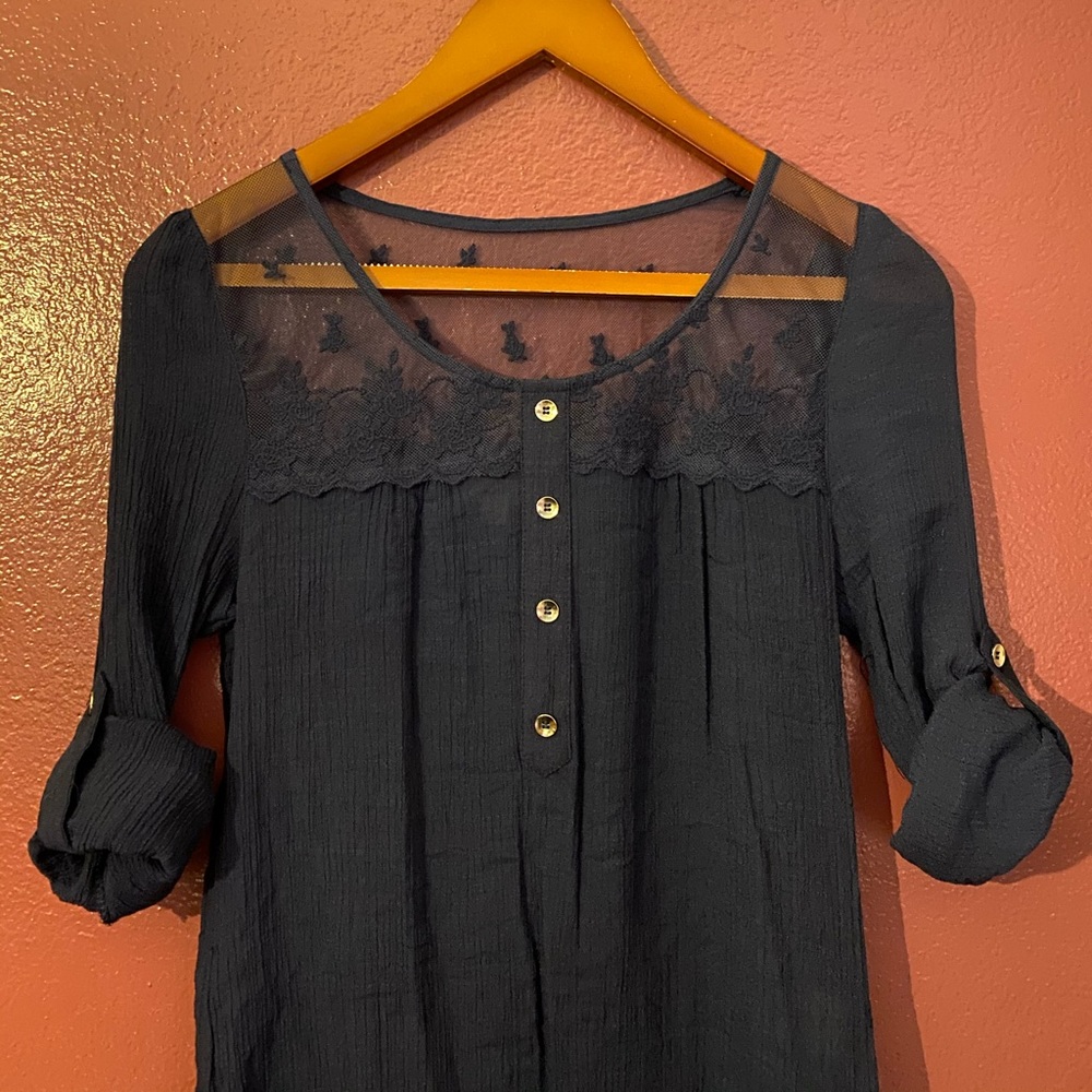 Partial see-through navy blouse